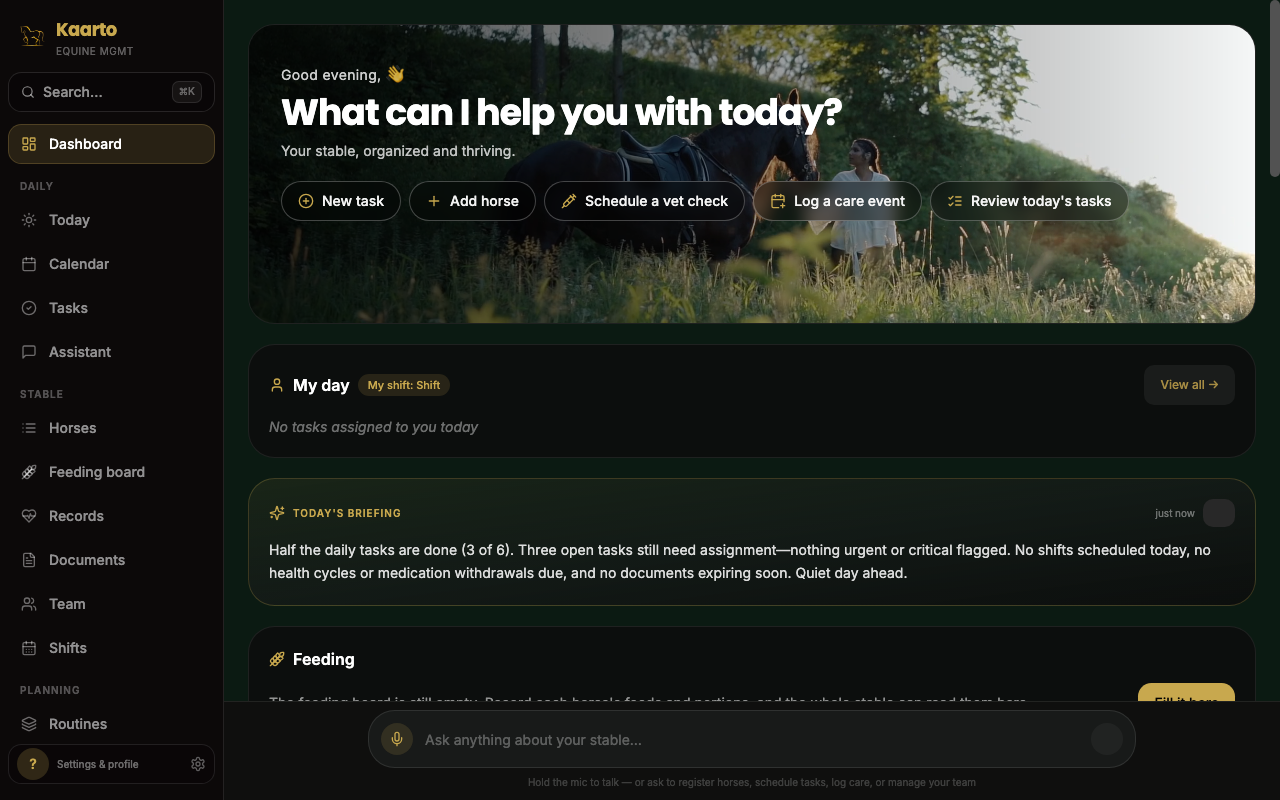 Kaarto on a computer: daily briefing and quick actions
