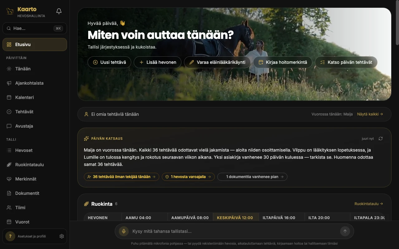 Kaarton työpöytänäkymä tietokoneella: päivän briiffi ja pikatoiminnot