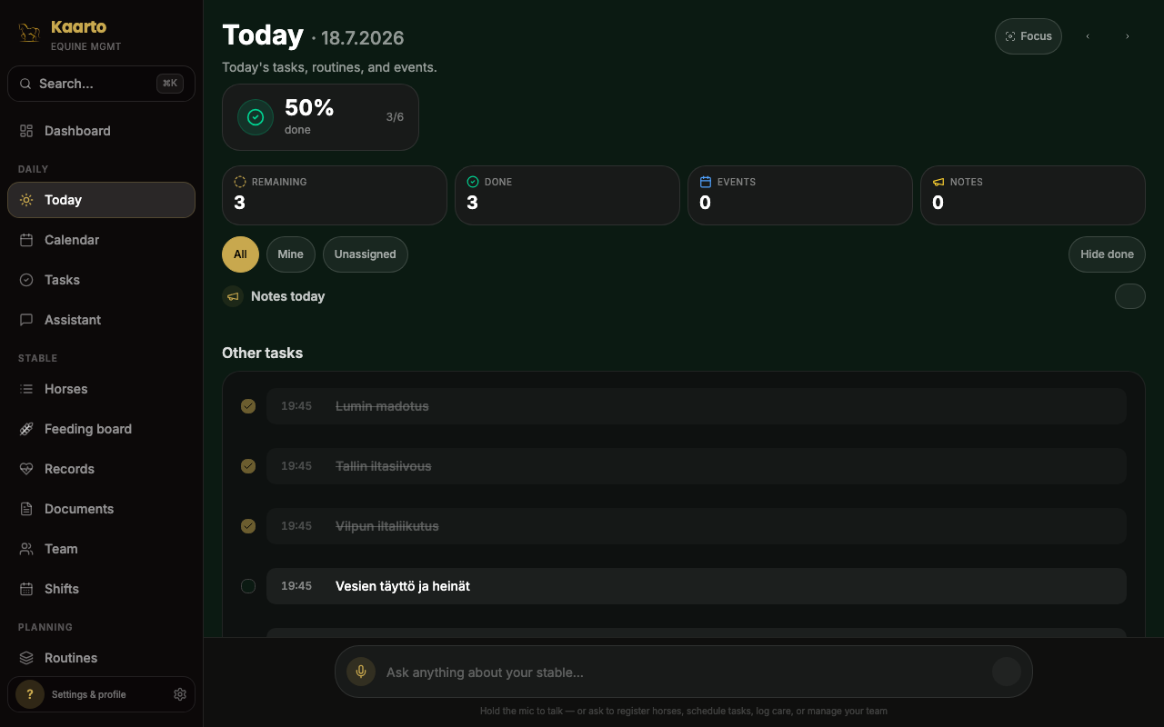 Today view: the day’s task list by horse