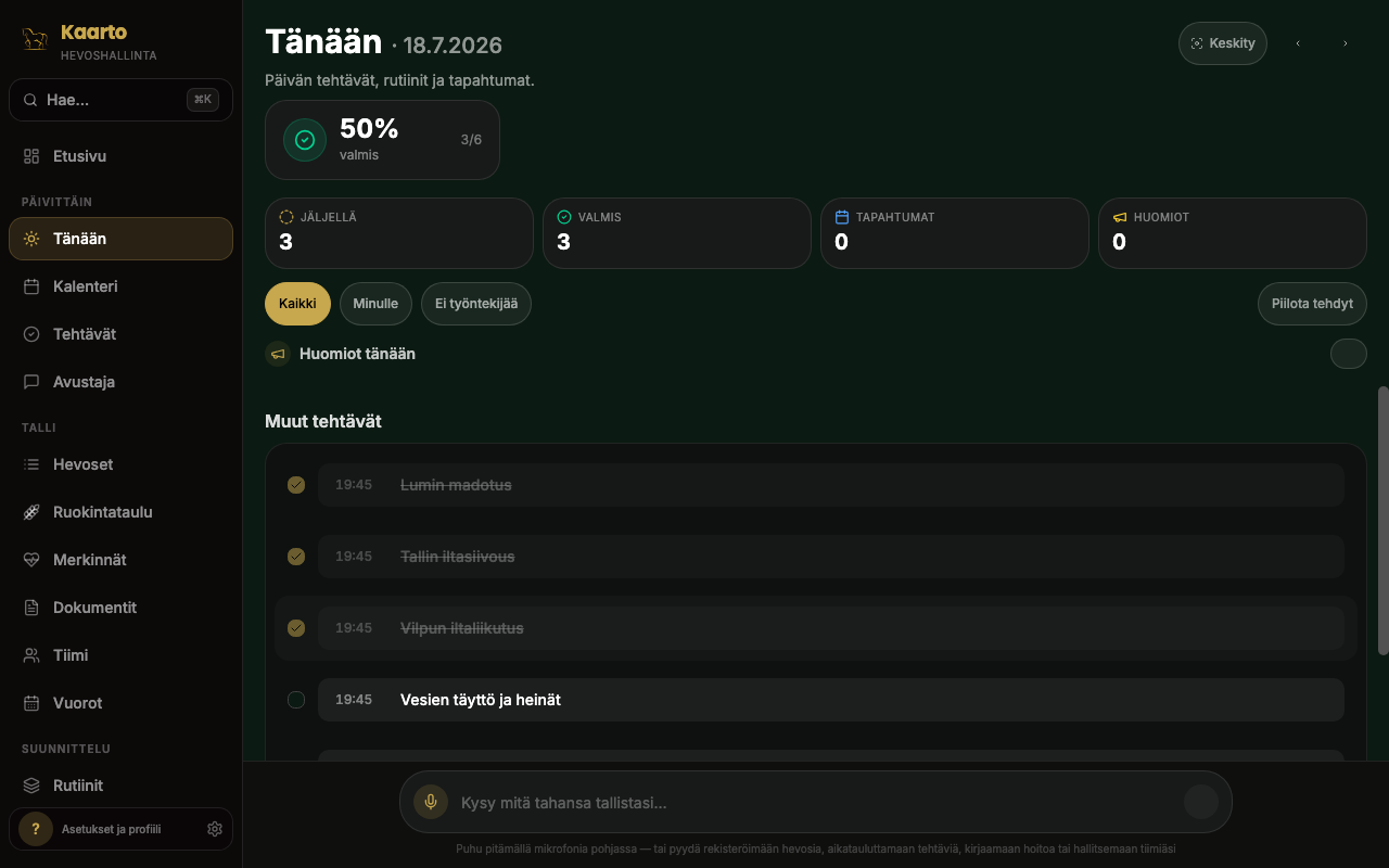 Tänään-näkymä: päivän tehtävälista hevosittain