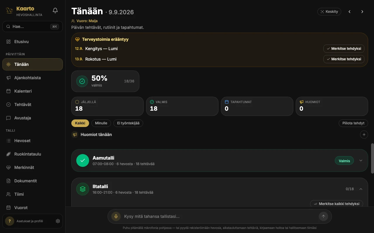 Tänään-näkymä: päivän tehtävälista hevosittain